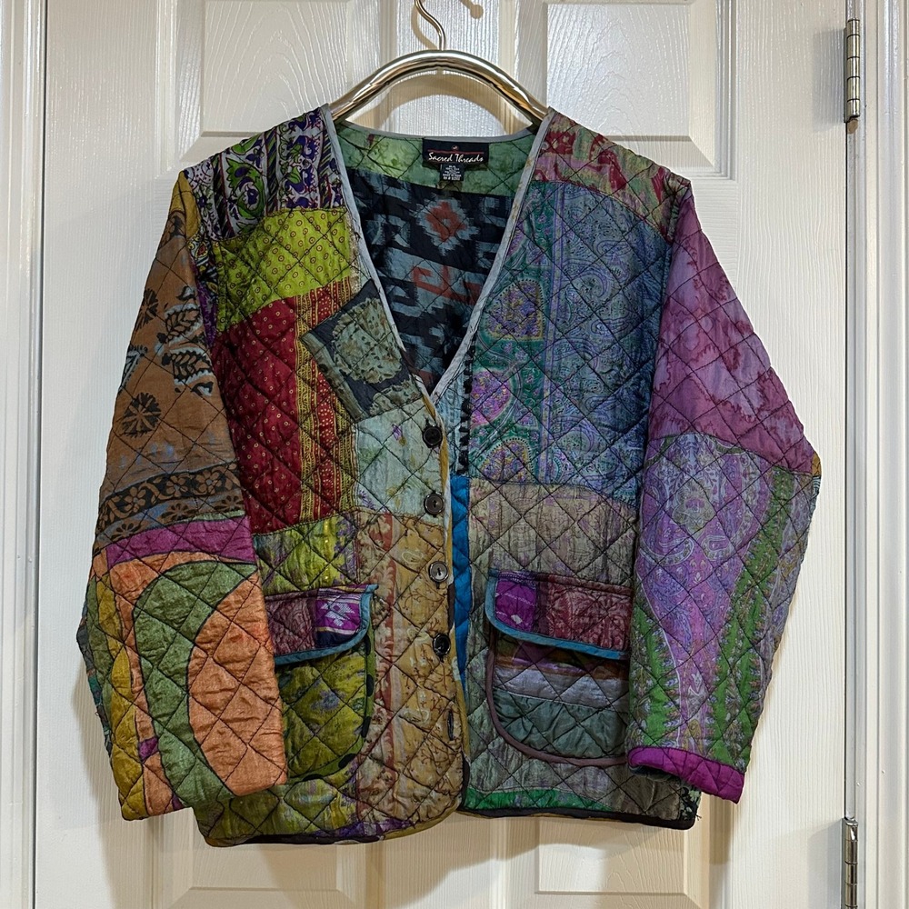 Sacred‎ Threads Silk Quilted Patchwork Jacket Multi Color Boho M/L RN 92502